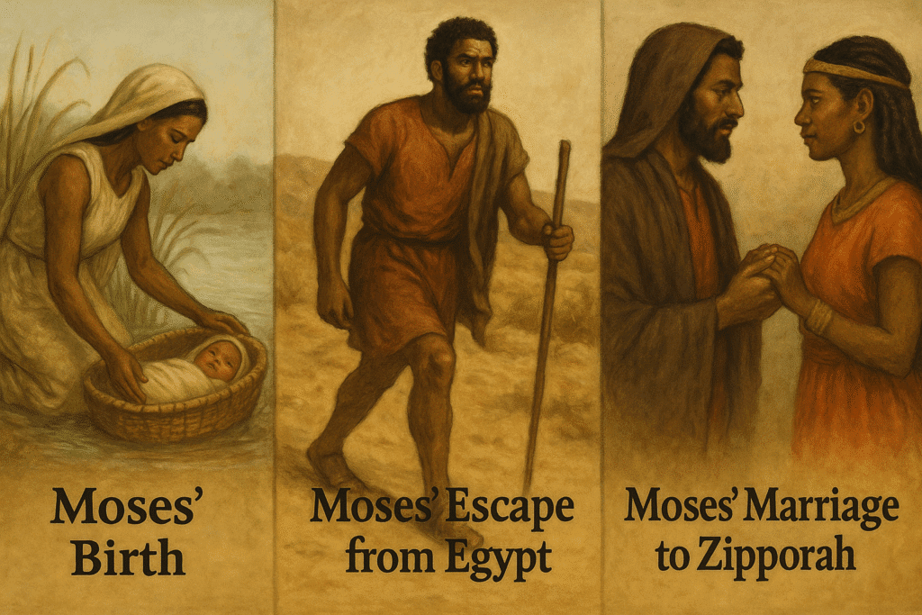 moses' birth, moses' escape from Egypt, Moses' marriage to Zipporah