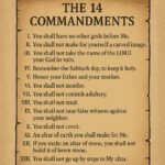 Exodus 20 summary illustration showing an ancient parchment scroll titled “The 14 Commandments” in a desert setting near Mount Sinai, glowing under golden light to symbolize God’s covenant law.