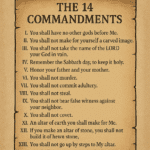 Exodus 20 summary illustration showing an ancient parchment scroll titled “The 14 Commandments” in a desert setting near Mount Sinai, glowing under golden light to symbolize God’s covenant law.