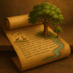 Ancient scroll with Hebrew script where trees and animals rise from the text — a summary of Genesis image symbolizing creation, life, and God’s covenant.